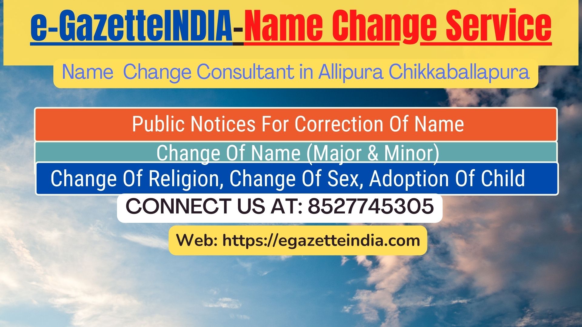 Change of Name in Gazette agent in Allipura Chikkaballapura 8527745305