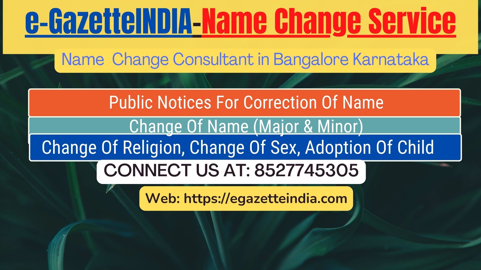 Change of Name in Gazette agent in Bangalore Karnataka 8527745305