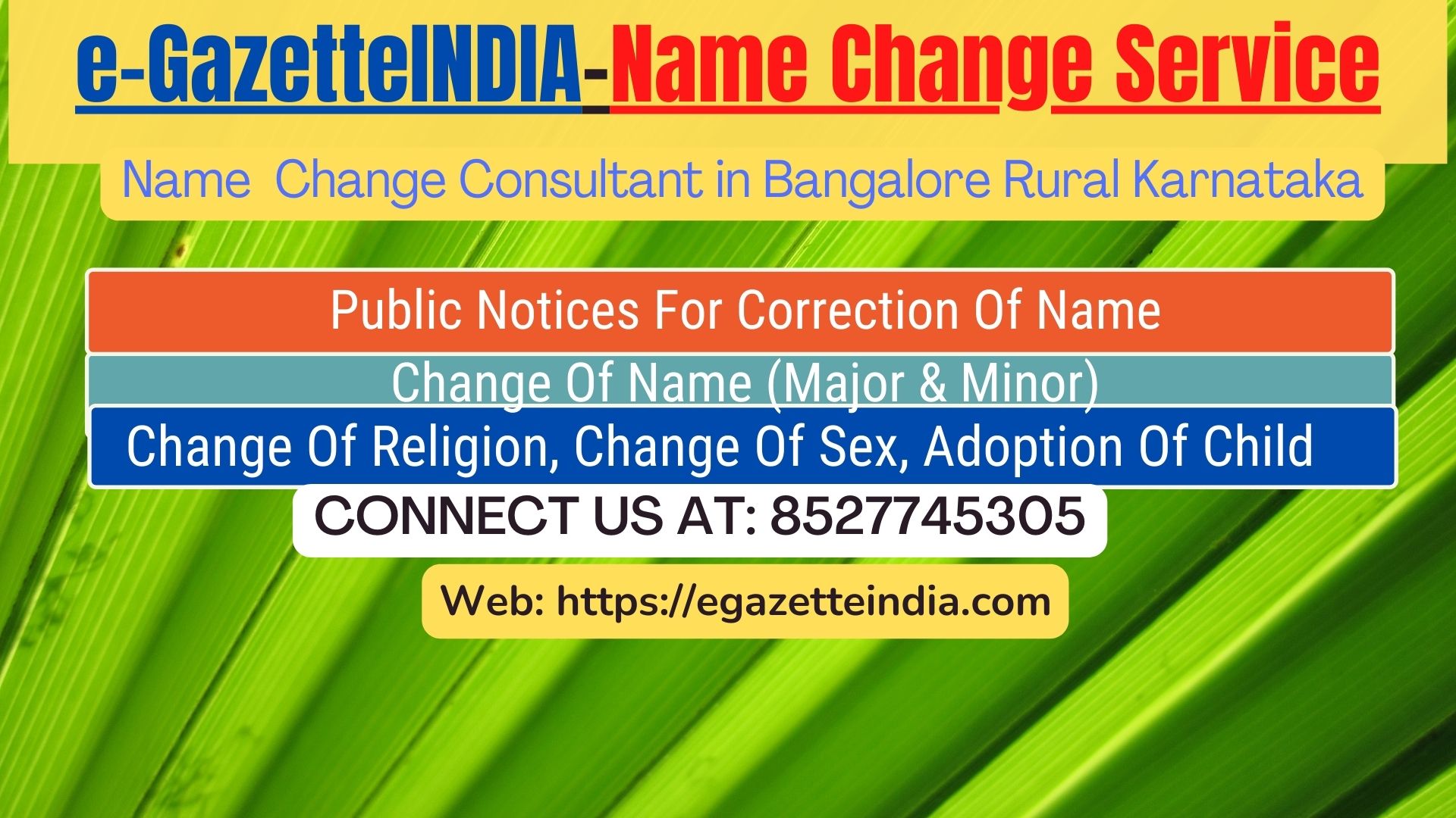 Change of Name in Gazette agent in Bangalore Rural Karnataka 8527745305