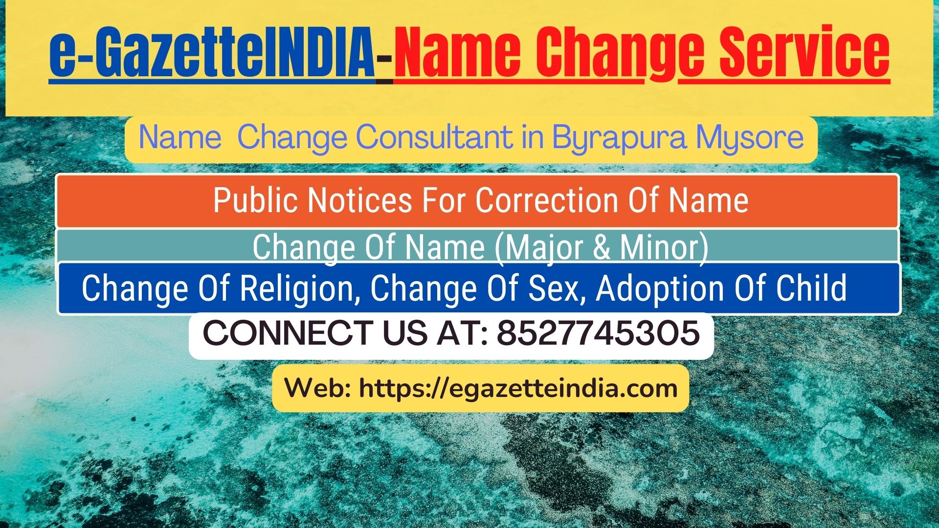 Change of Name in Gazette agent in Byrapura Mysore 8527745305