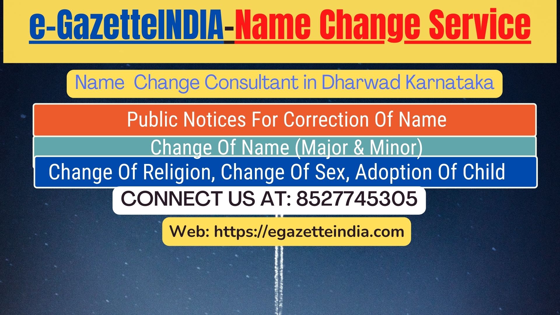 Change of Name in Gazette agent in Dharwad Karnataka 8527745305