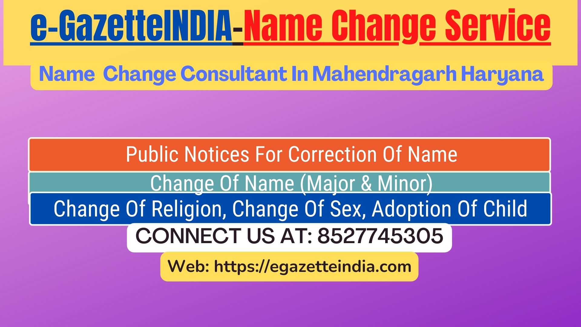 Name Change In Gazette Notification In Mahendragarh Haryana-8527745305