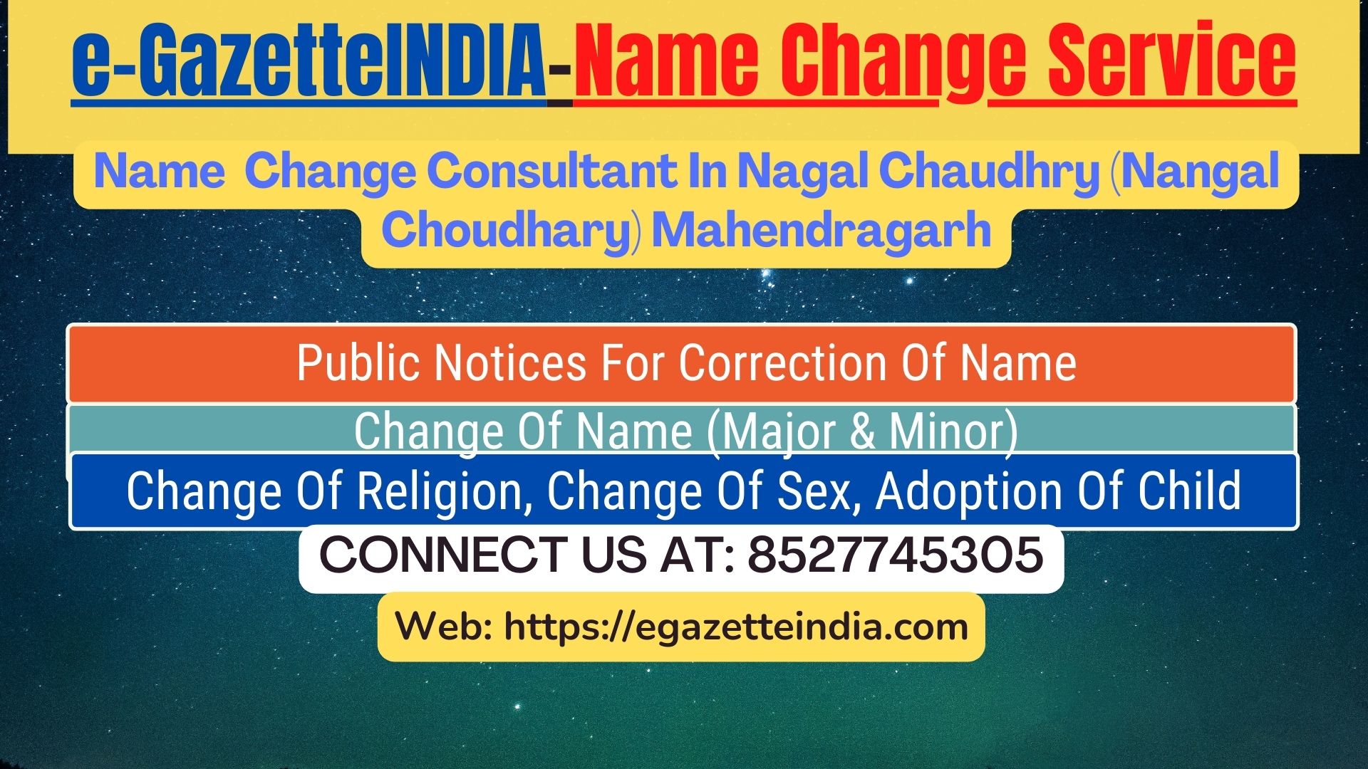 Name Change Gazette Notification In Nagal Chaudhry (Nangal Choudhary) Mahendragarh 8527745305