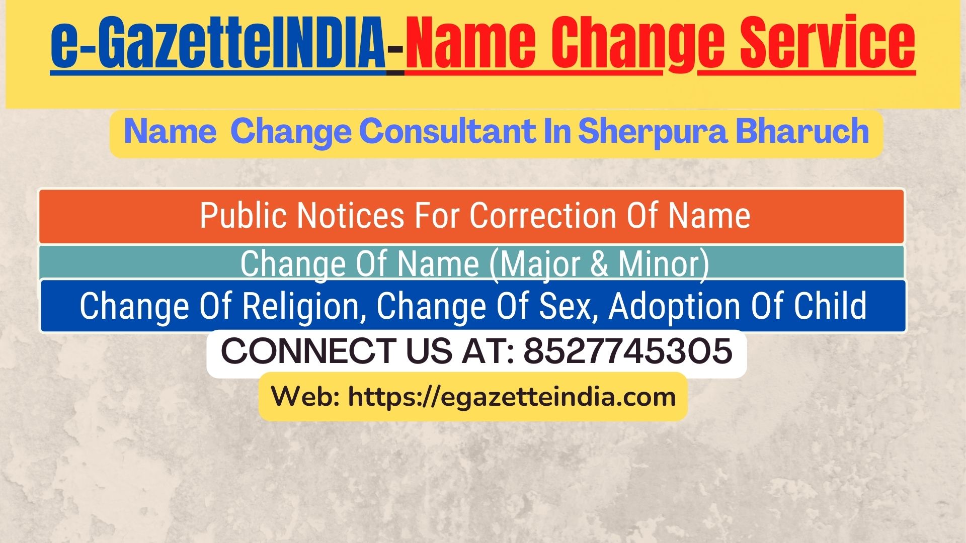 Gazette Name Change Agent Consultant Service In Sherpura Bharuch-8527745305